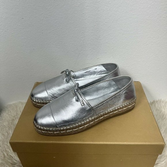 NIB Prada Bow Logo Leather Loafer Gabardine Plaque Flat Espadrilles 35/ US 5 - Picture 5 of 10